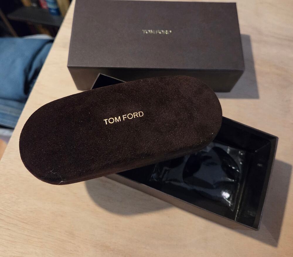 Tom Ford clamshell eyeglass case with cleaning cloth brown suede feel